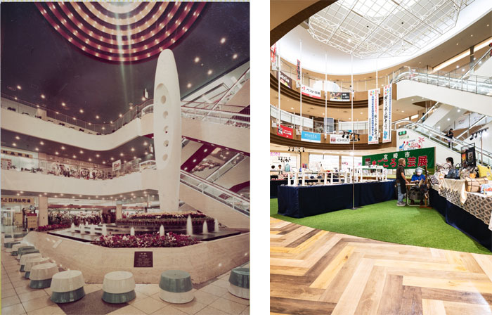 The atrium in 1973 and today, during a craft fair